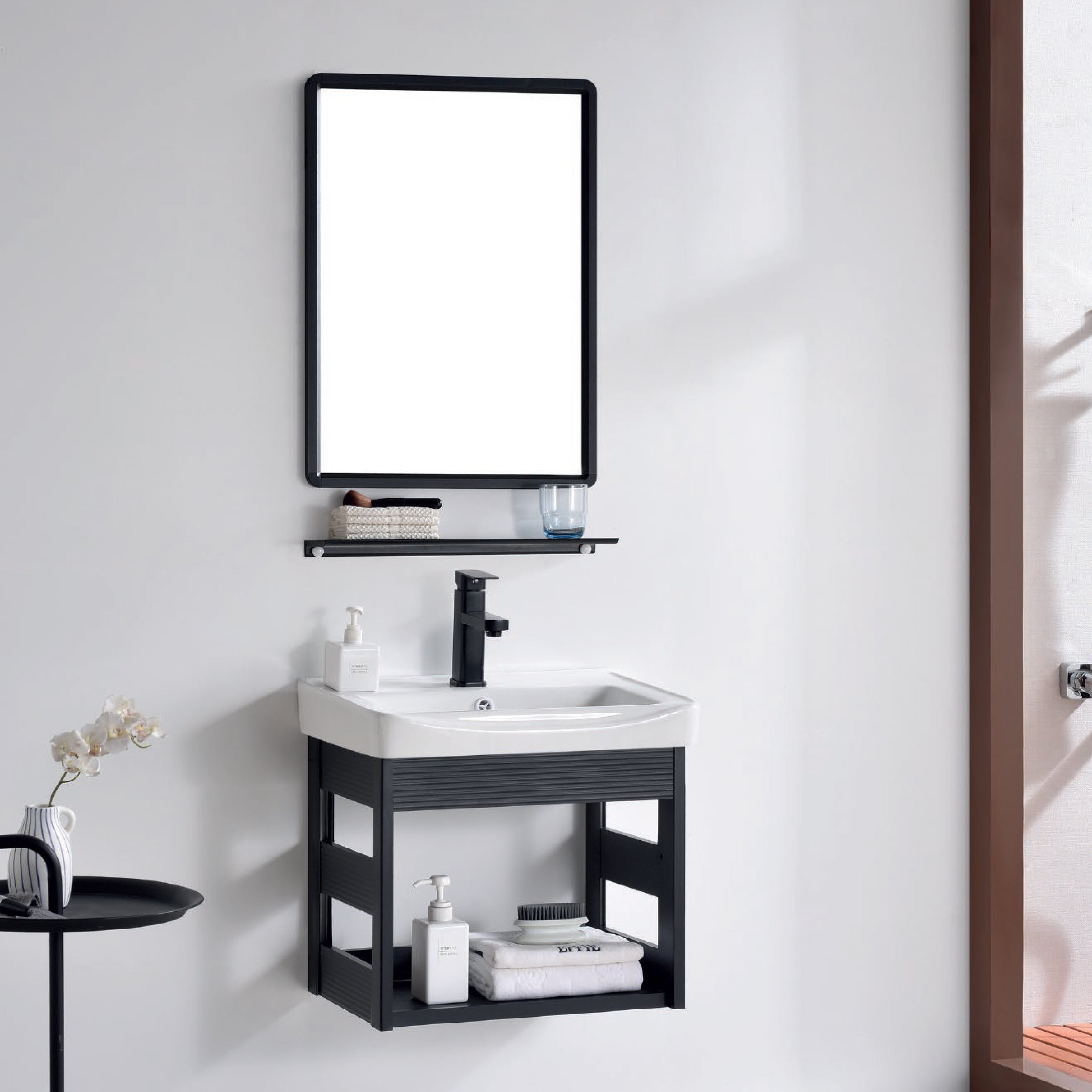 VANITORIO DE ALUMINIO C/REPISA + ESPEJO CUADRADO PS12-5036 NEGRO ECO 50X35CM - FRATELLI